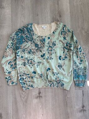 Sundance 100% Cotton Floral Paisley Cardigan - Size XL Teal Blue Green